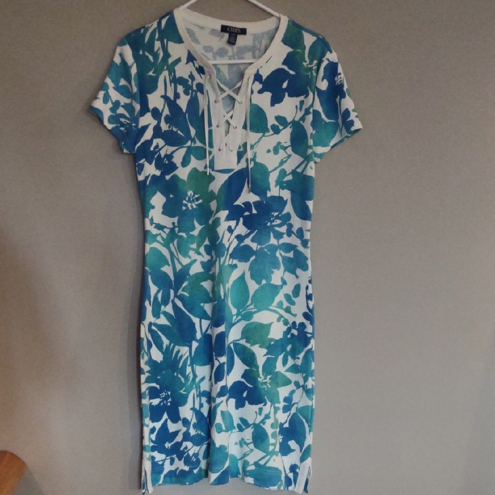 Chaps Women's Medium Cotton Blue And Green Floral Short Sleeve Dress